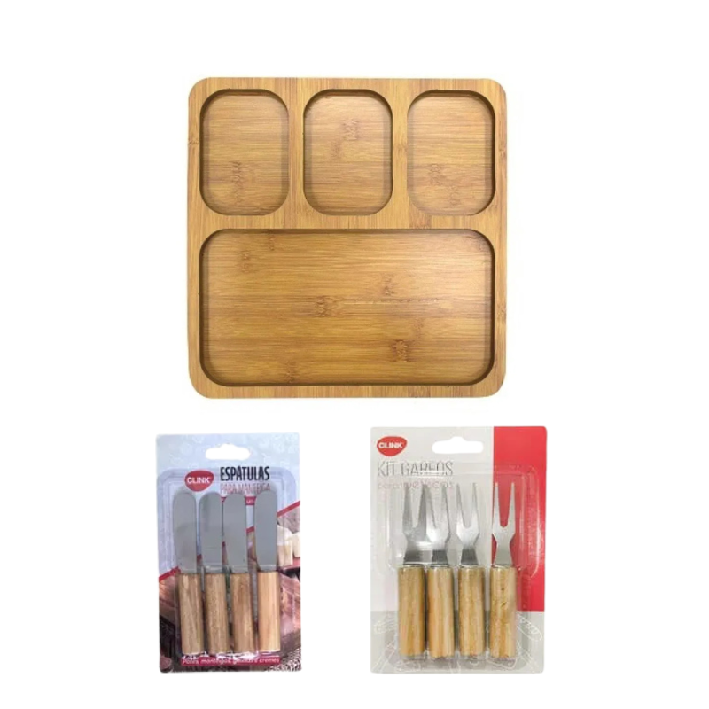 Kit Tábua Petiscos Quadrada+ 4 Espatulas e 4 Garfos