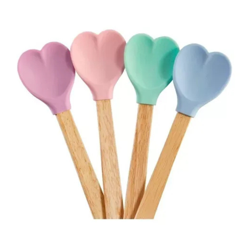 Espatula Colher Silicone Em Forma De Coracao Cabo Madeira